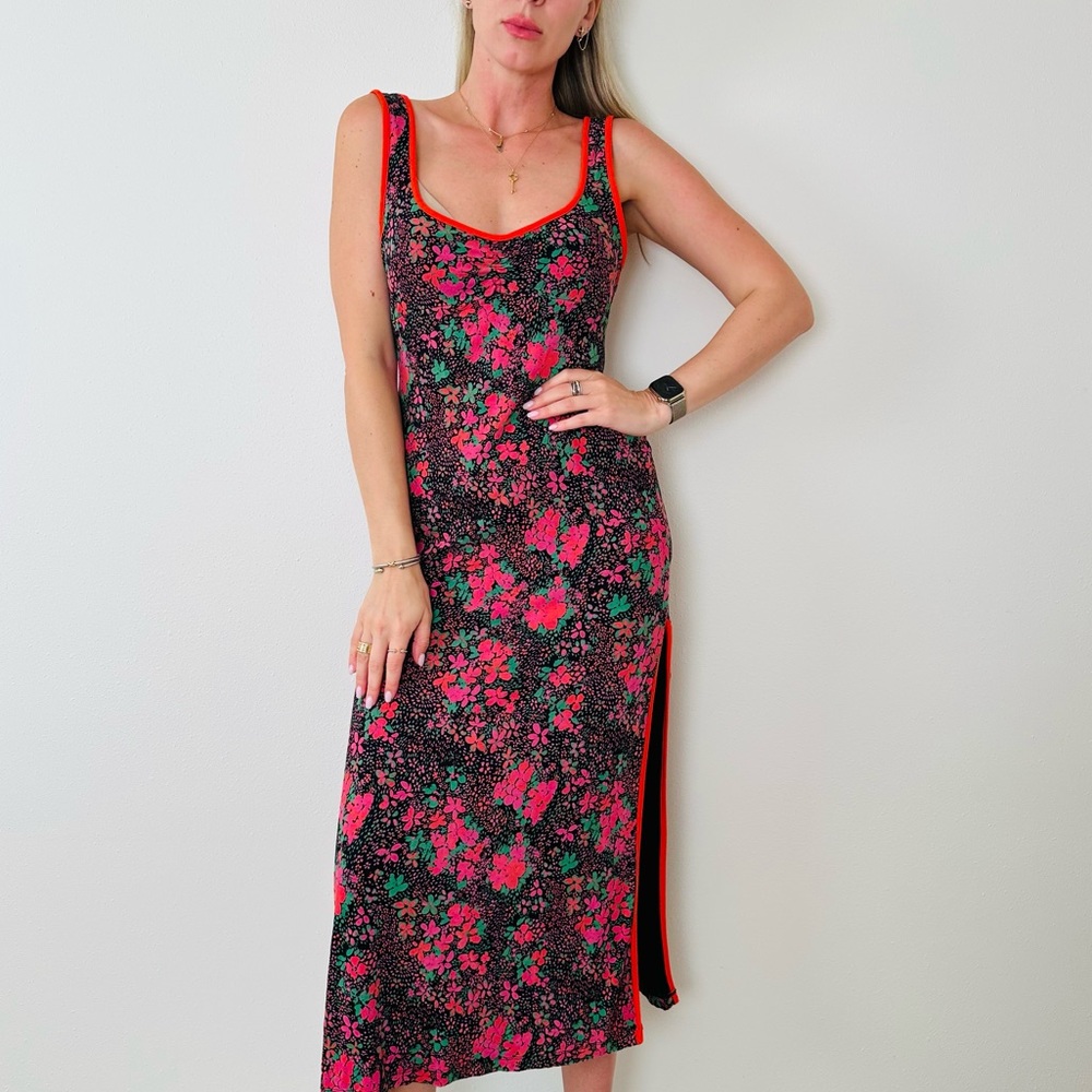 Free People Maxi Dress Boho with Pink Dark Floral Detail Side slits - Picture 4 of 14
